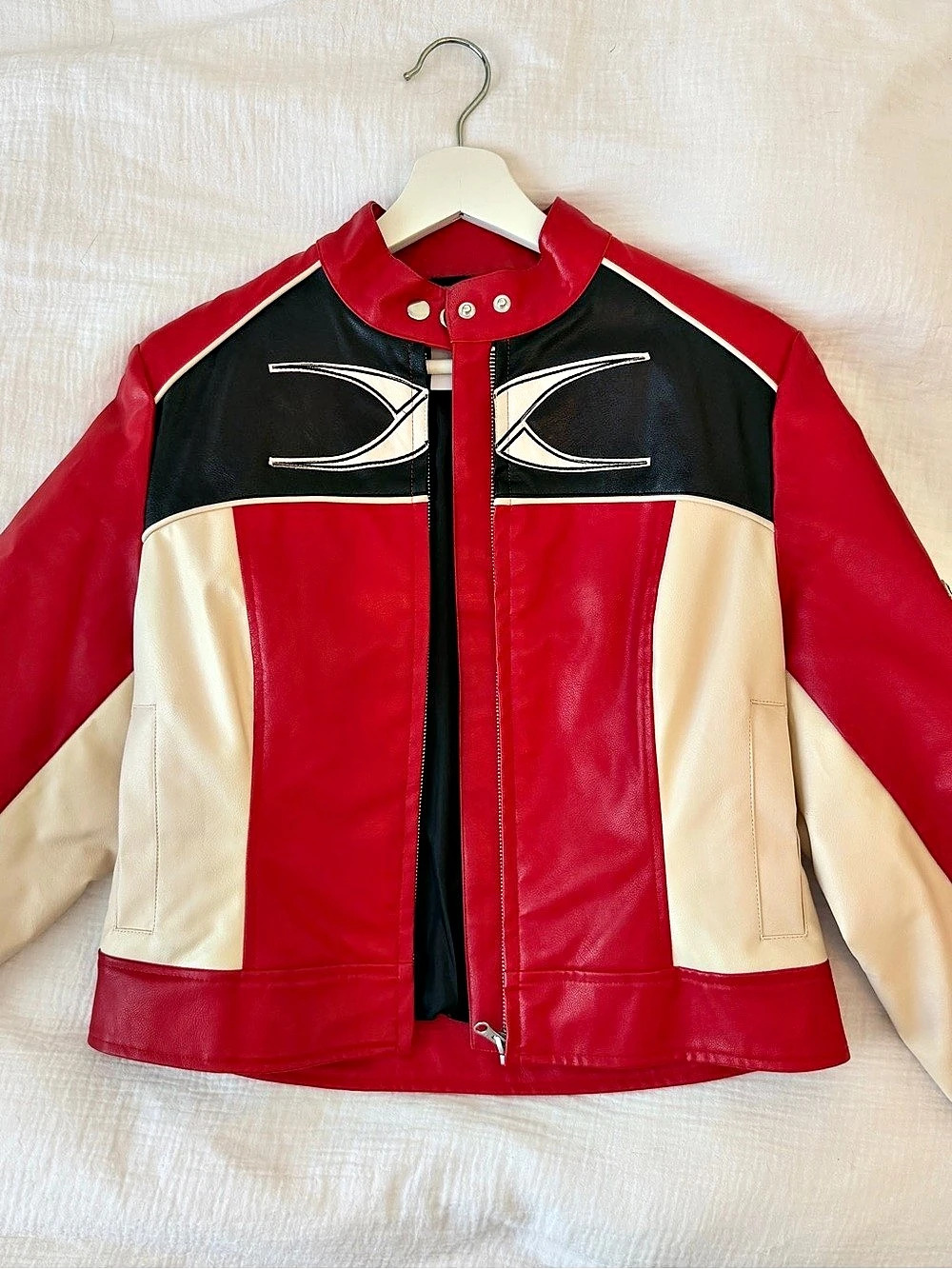 COLLUSION Unisex oversized spliced PU bomber jacket in red